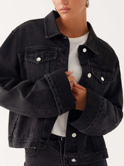 Button Down Cropped Oversized Denim Jacket — view 19