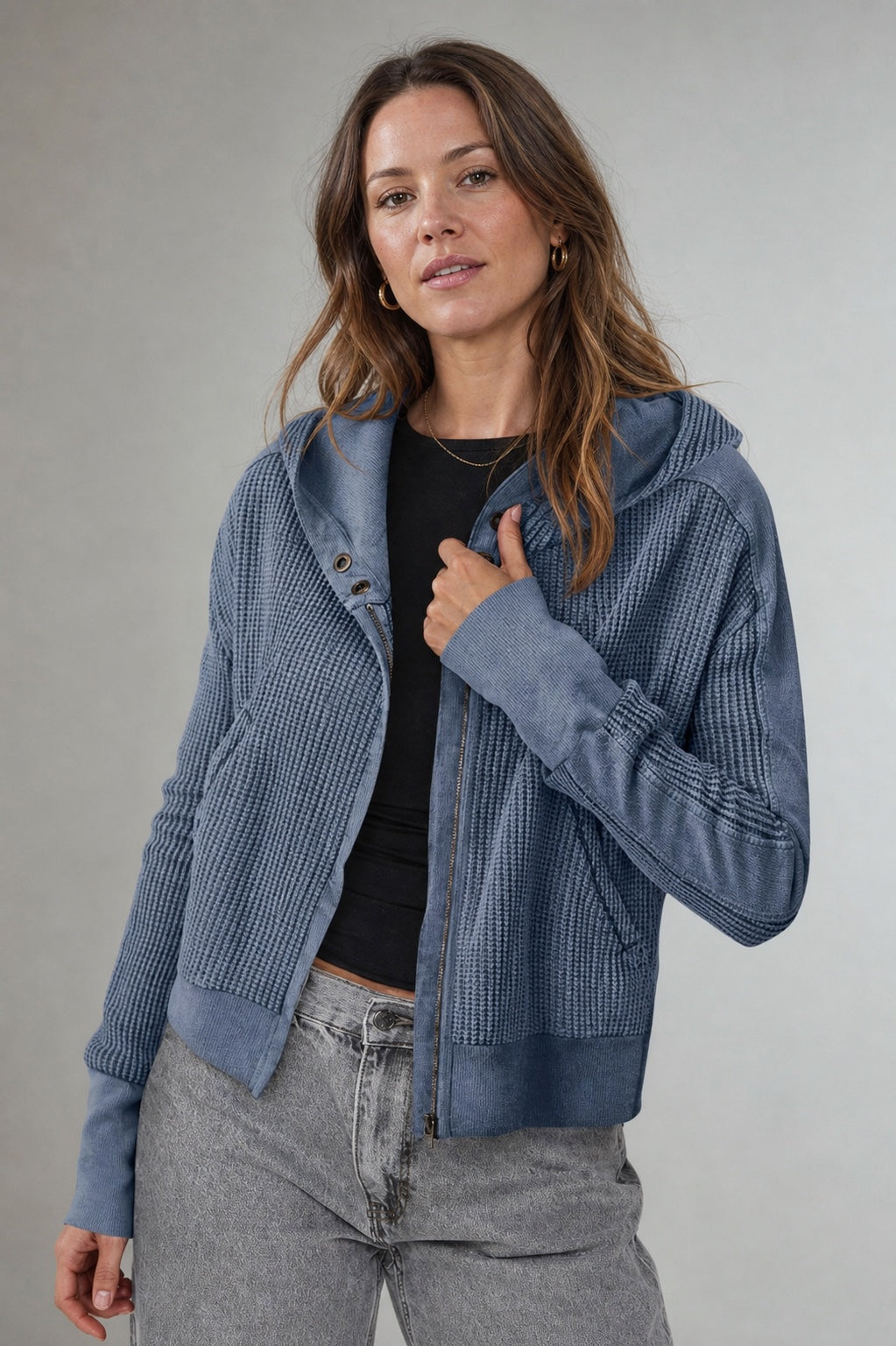 Waffle-Knit Zip Up Long Sleeve Hooded Jacket