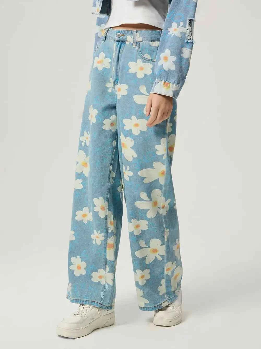 Pocketed Floral Wide Leg Jeans — view 4