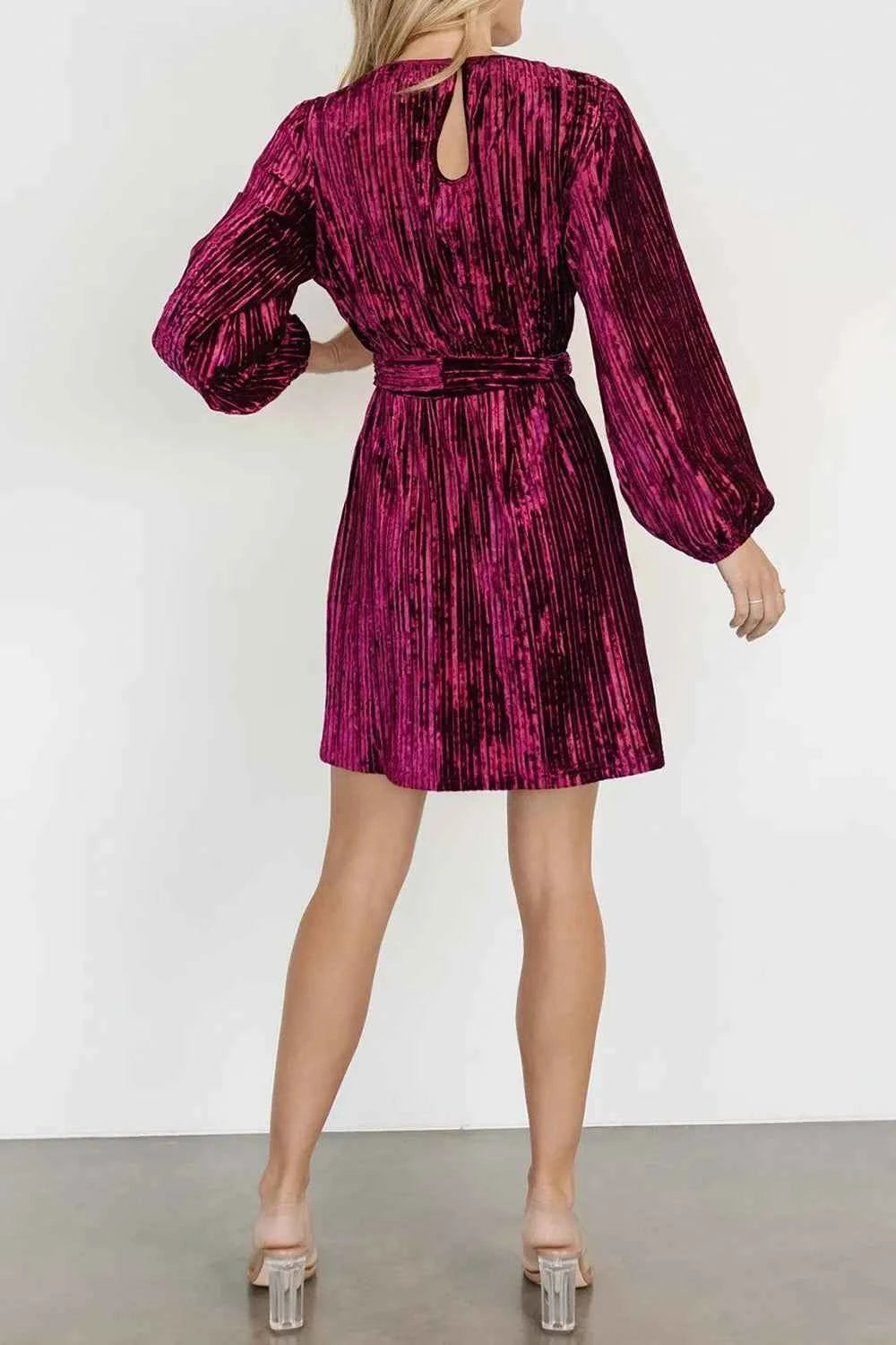 Velvet Round Neck Tie Waist Long Sleeve Mini Dress — view 2