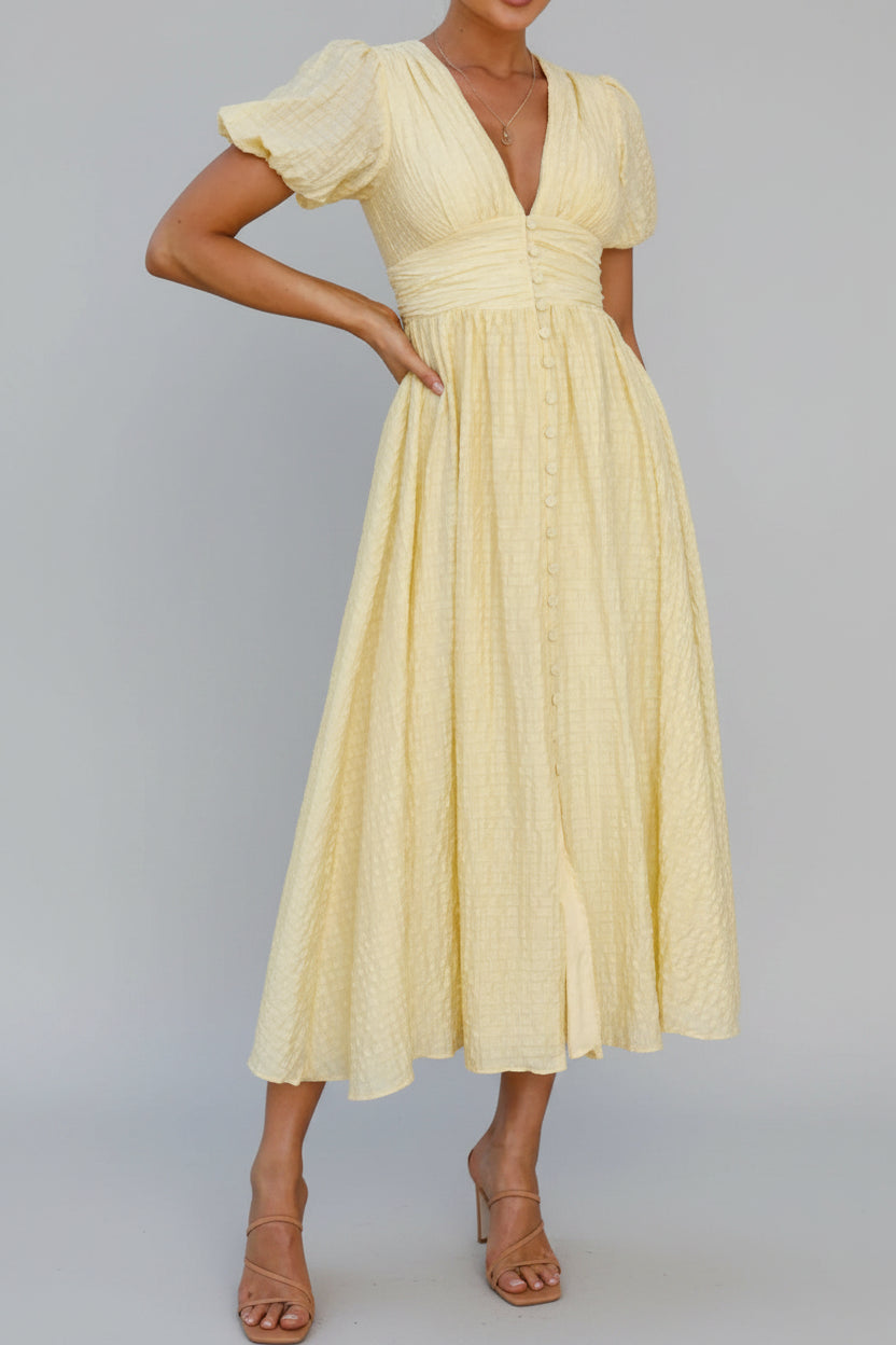 V-Neck Puff Short Sleeve Midi Dress - Effortless Elegance — view 7