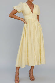 V-Neck Puff Short Sleeve Midi Dress - Effortless Elegance — view 7