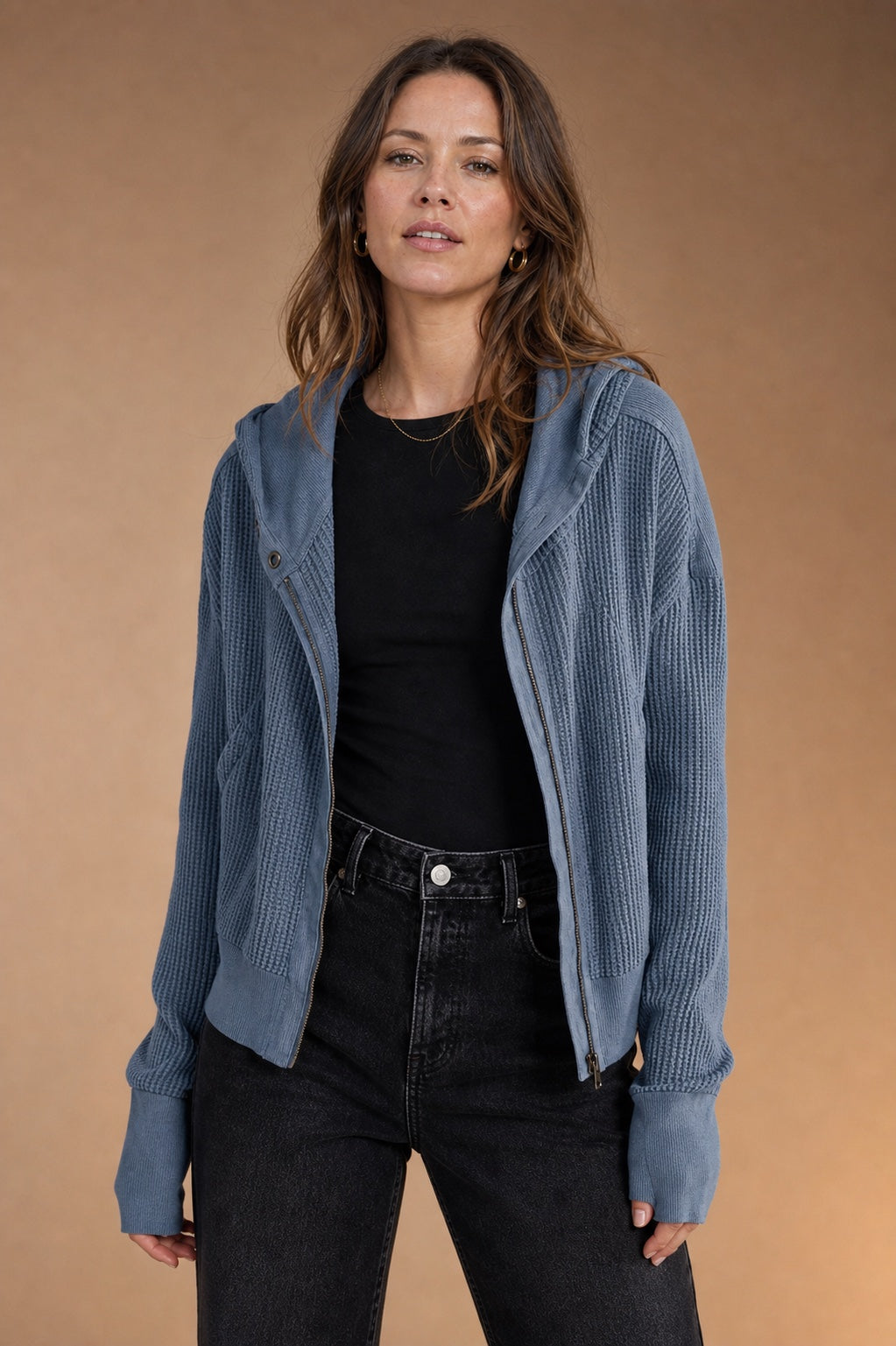 Waffle-Knit Zip Up Long Sleeve Hooded Jacket — view 3
