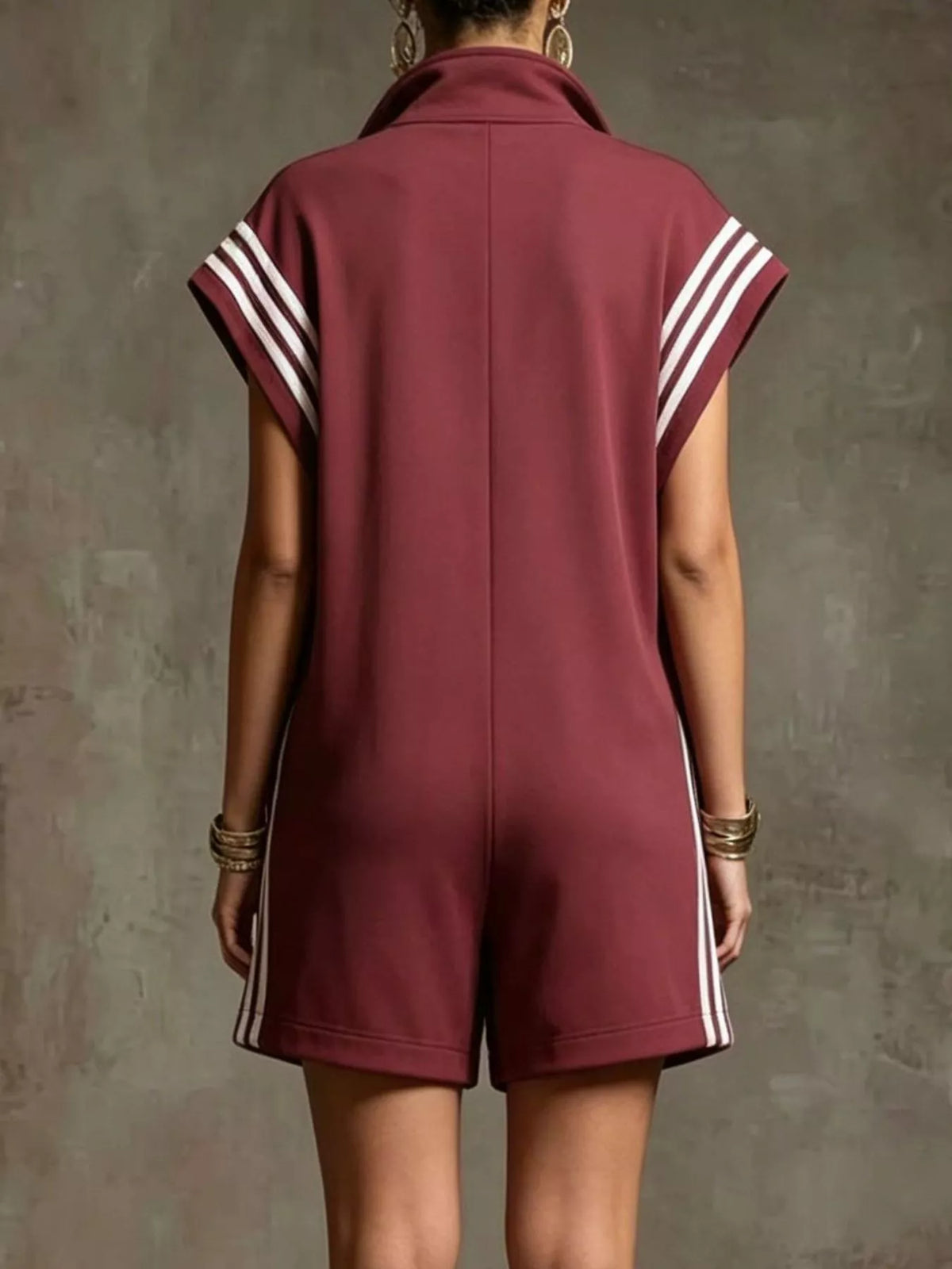 Striped Zip Front Short Sleeve Romper — view 6