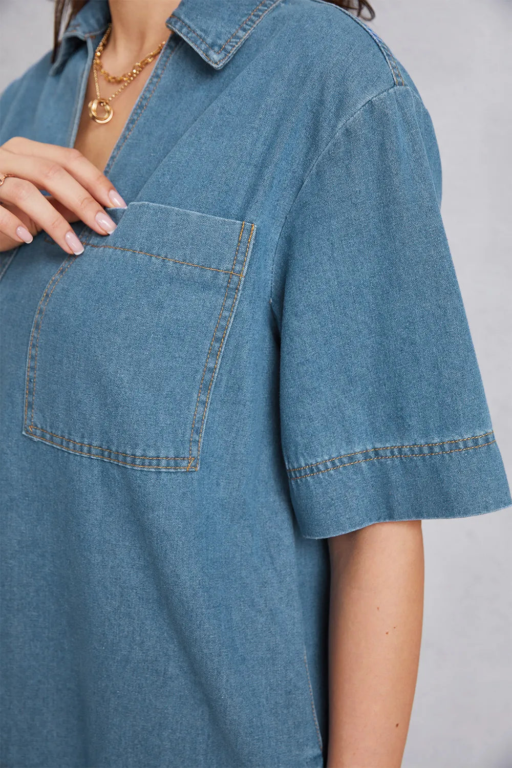 Pocketed Collared Neck Mini Denim Dress — view 8