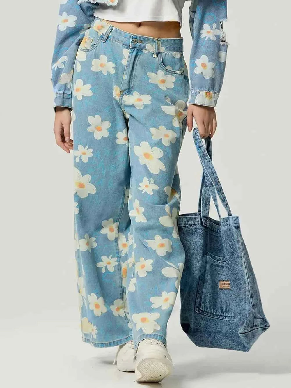Pocketed Floral Wide Leg Jeans — view 3