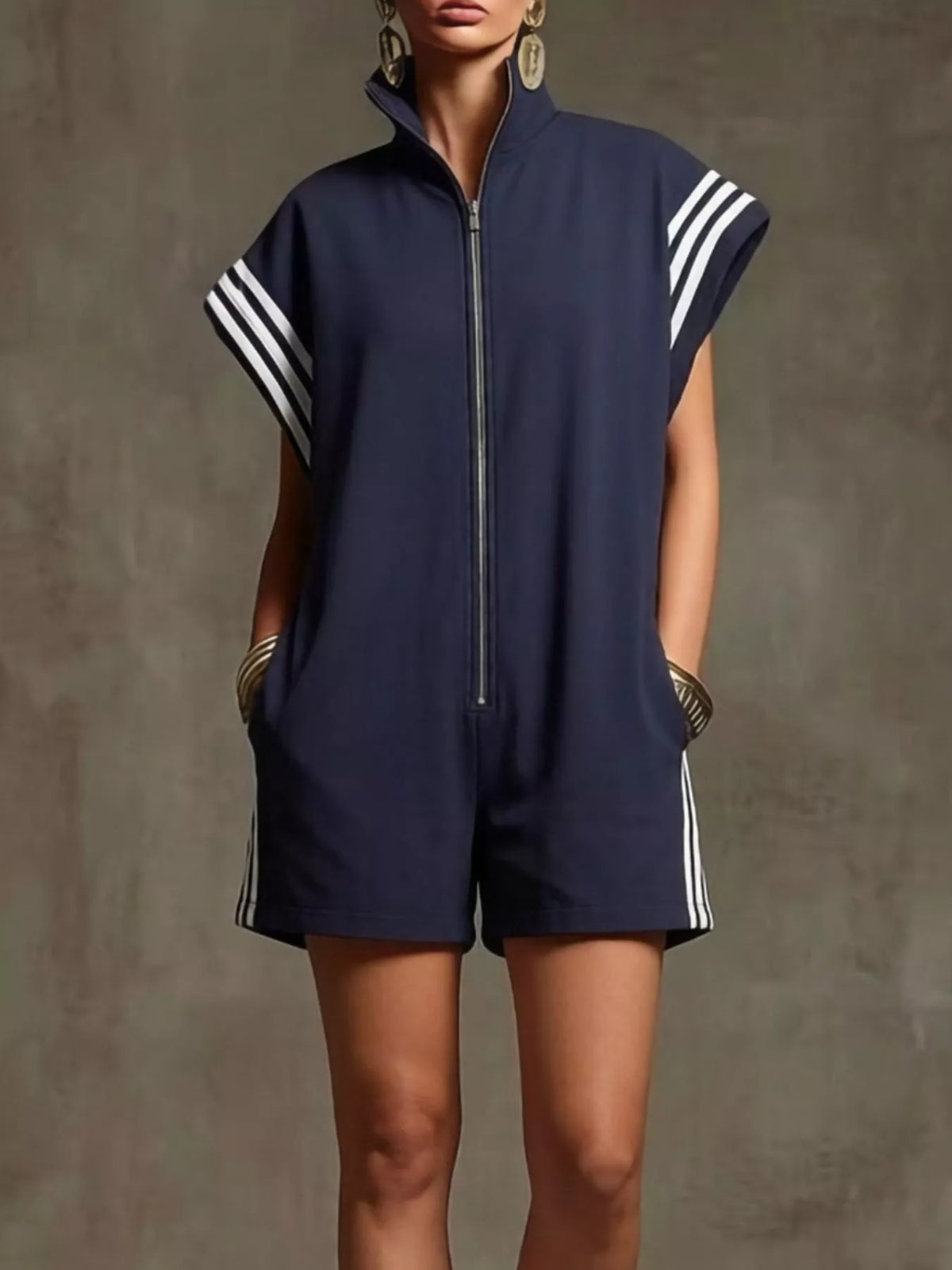 Striped Zip Front Short Sleeve Romper — view 7
