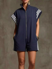 Striped Zip Front Short Sleeve Romper — view 7