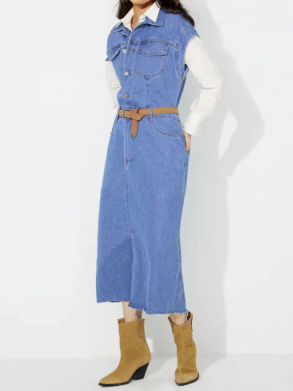 Slit Half Button Collared Neck Cap Sleeve Denim Dress — view 12
