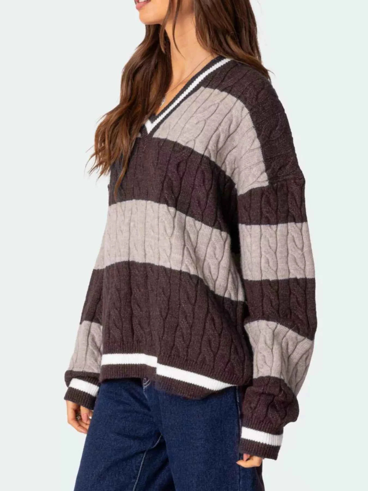 Striped Cable Knit V-Neck Sweater — view 2