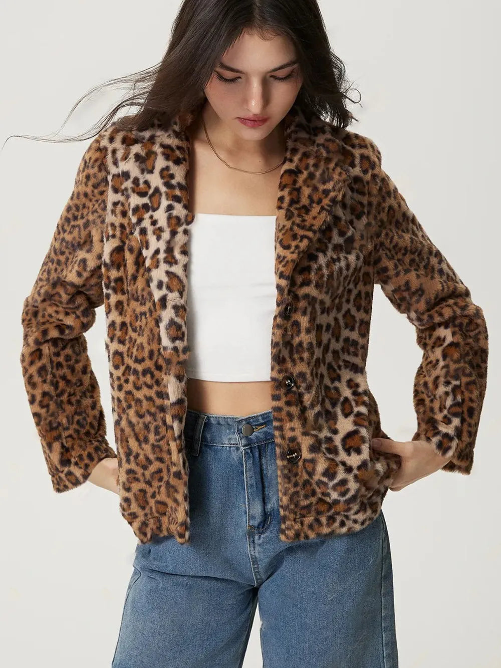 Fuzzy Leopard Collared Neck Jacket - Stylish & Cozy — view 5