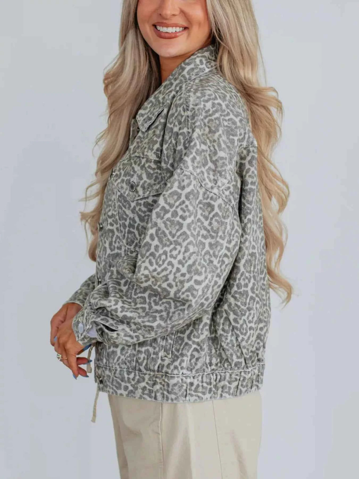 Leopard Button Up Denim Jacket - Stylish & Versatile — view 3