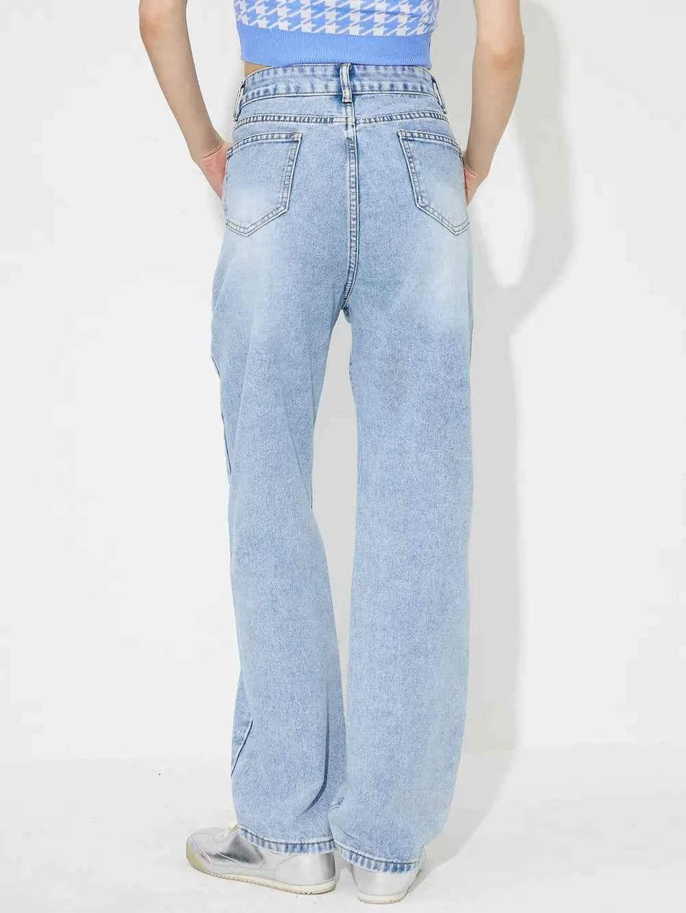 Flower High Rise Straight Leg Jeans with Pockets — view 2