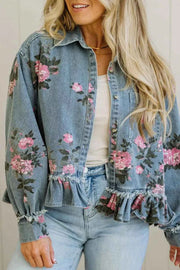Floral Print Denim Jacket with Ruffled Hem — view 1