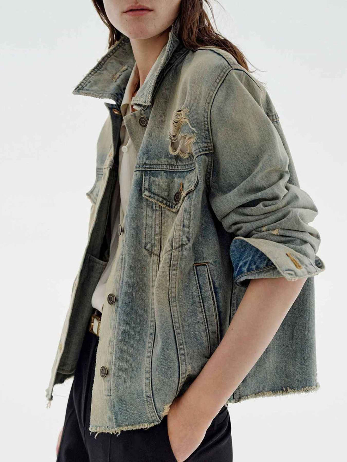 Distressed Wash Button Up Denim Jacket - Effortlessly Stylish Layering — view 3
