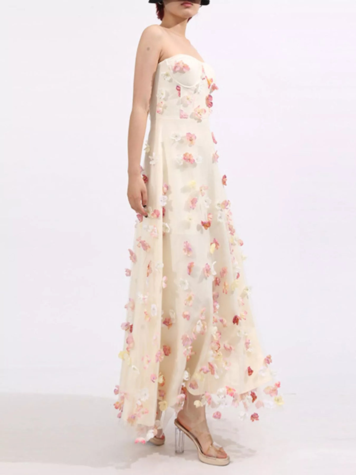 Floral Applique Strapless Tulle Maxi Dress — view 9
