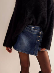 Asymmetrical Button-Front Denim Skirt — view 16