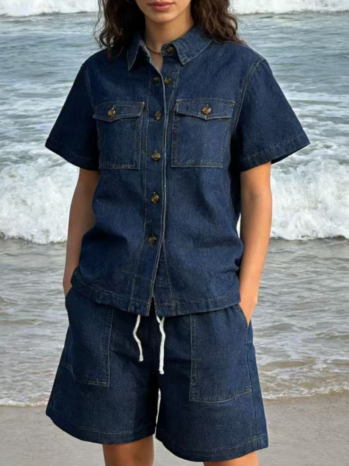 Button Up Short Sleeve Top and Shorts Denim Set — view 8