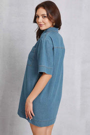 Pocketed Collared Neck Mini Denim Dress — view 4