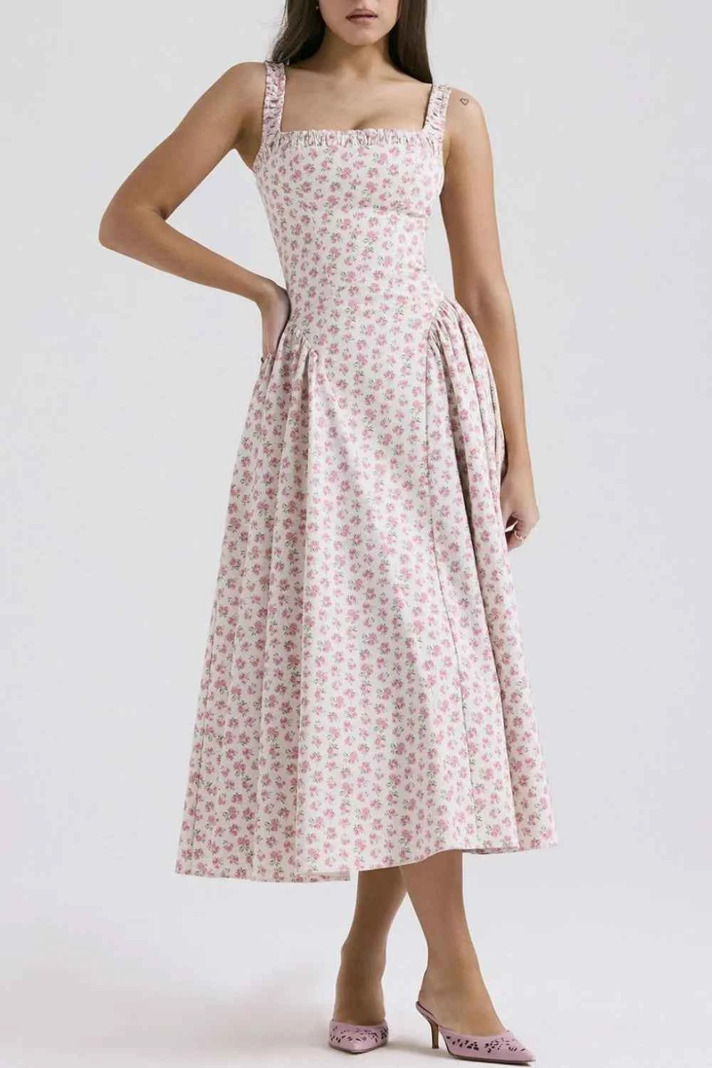 Floral Square Neck Wide Strap Midi Dress — view 1