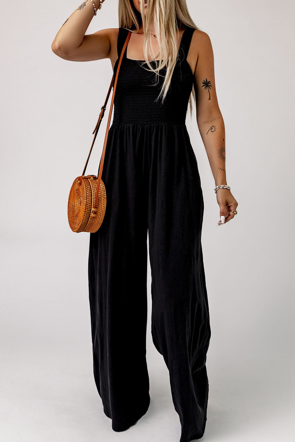 Smocked Square Neck Wide Leg Jumpsuit with Pockets — view 2