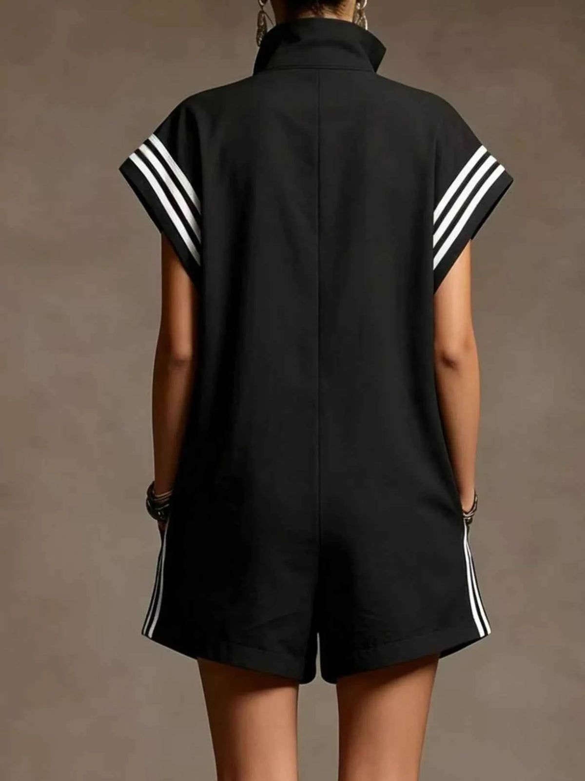 Striped Zip Front Short Sleeve Romper — view 3