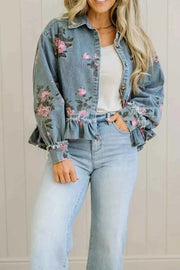 Floral Print Denim Jacket with Ruffled Hem — view 4