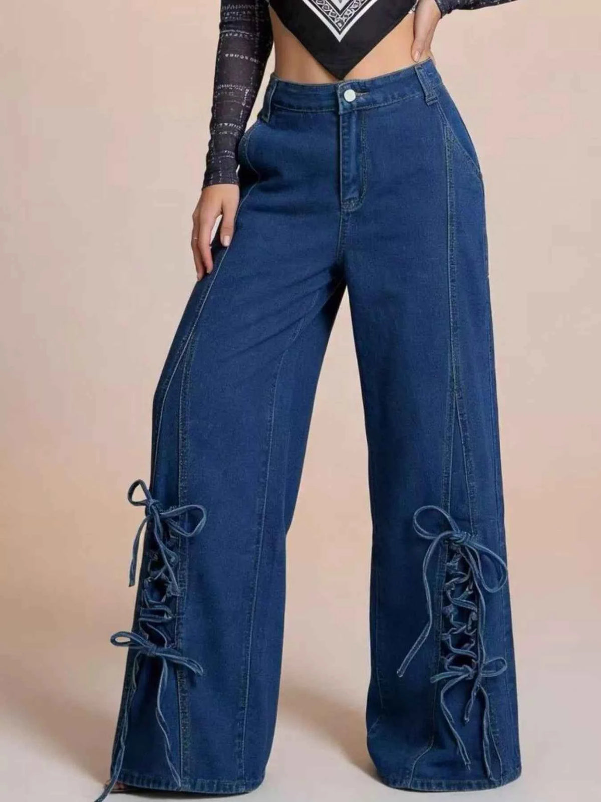 Lace-Up Wide Leg Jeans - Chic Comfort for Every Occasion — view 2