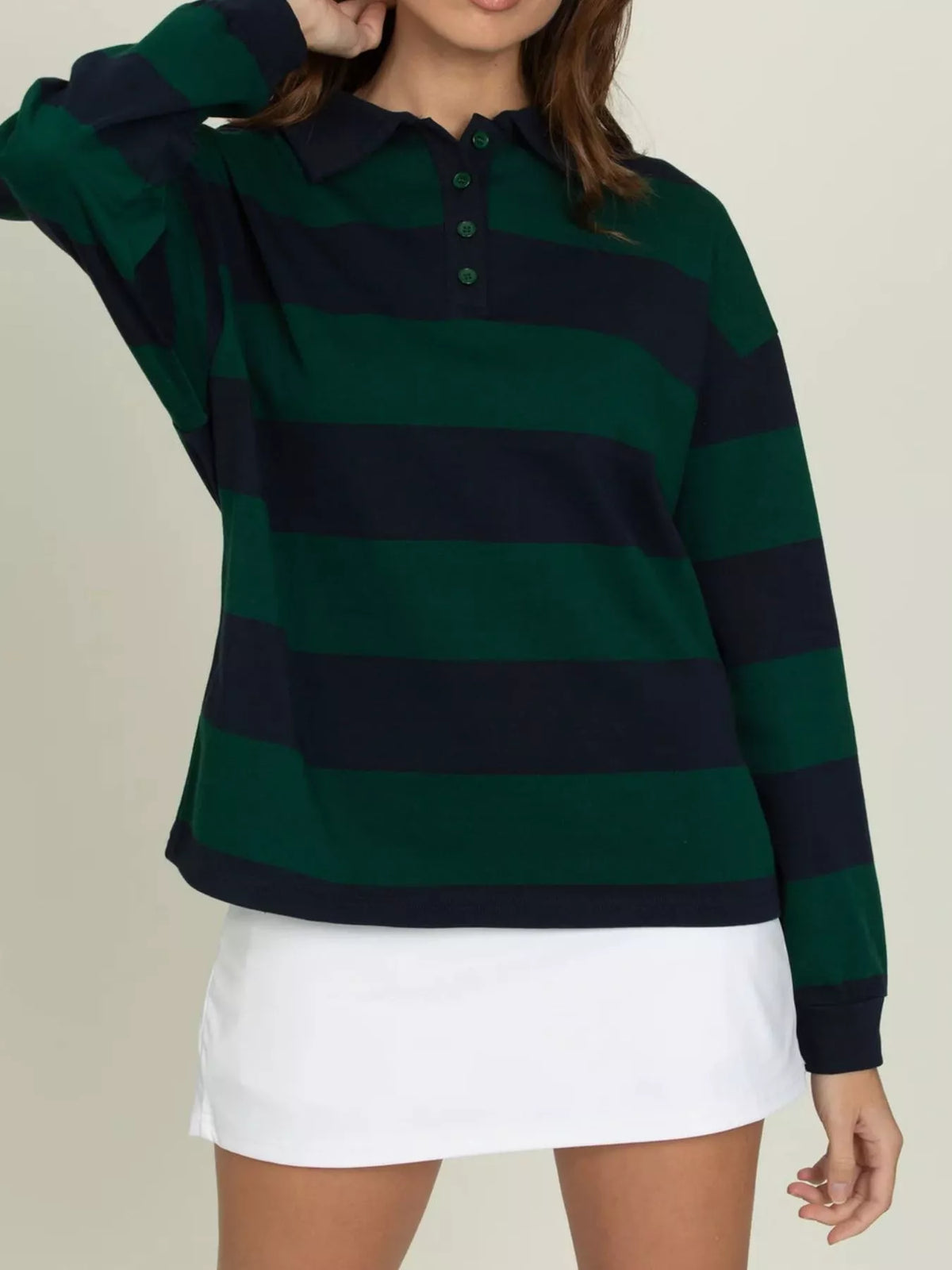 Striped Polo Collar Sweatshirt with Button Details — view 7