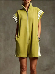 Striped Zip Front Short Sleeve Romper — view 13