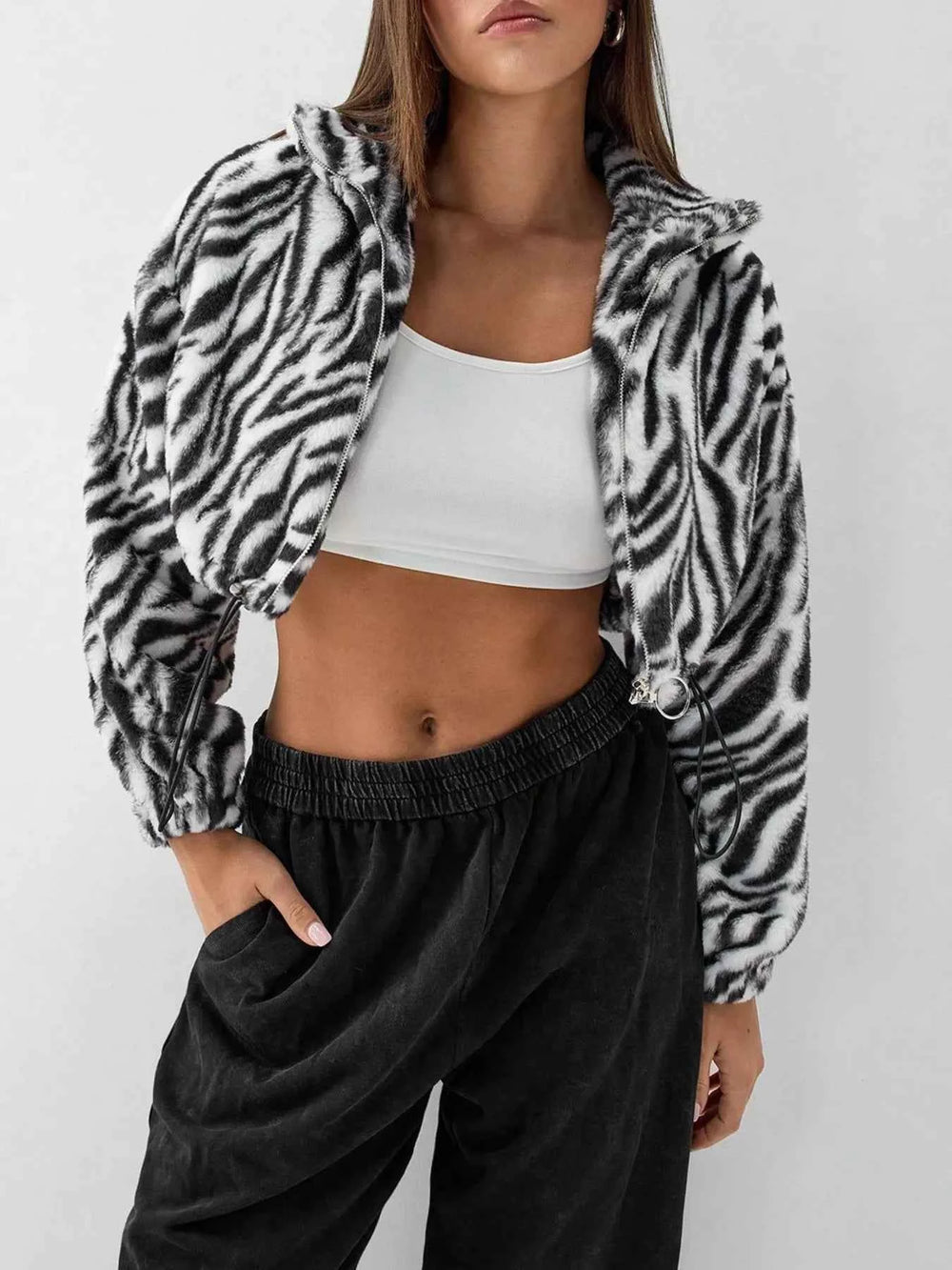 Zebra Print Plush Cropped Jacket for Effortless Style