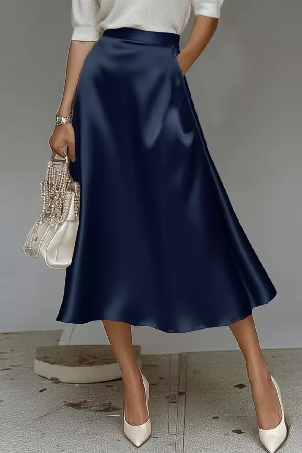 Elegant Satin A-Line Midi Skirt for Effortless Style — view 15