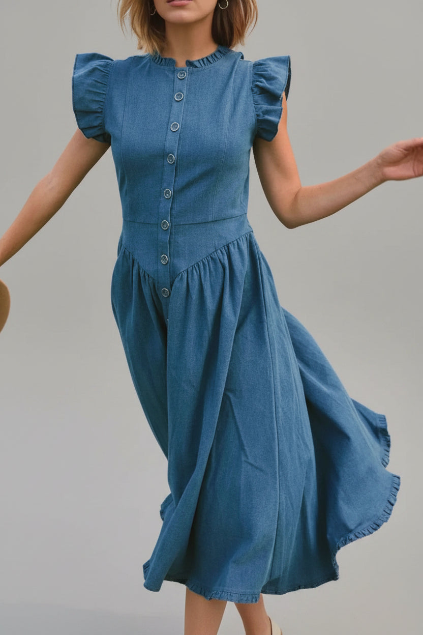Ruffled Cap Sleeve Denim Dress - Effortless Style & Comfort