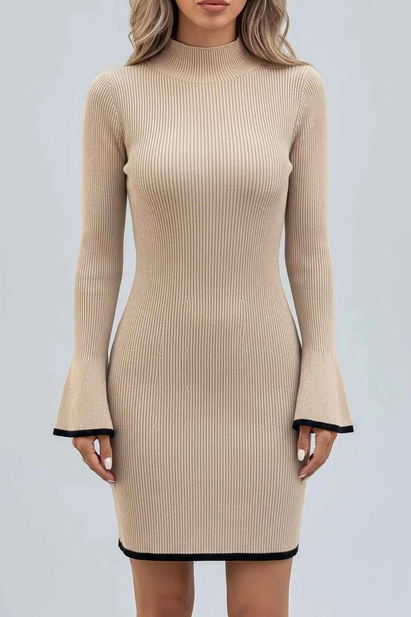 Ribbed Mock Neck Flare Sleeve Sweater Dress — view 5