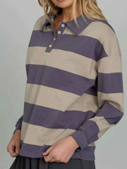 Striped Polo Collar Sweatshirt with Button Details — view 3