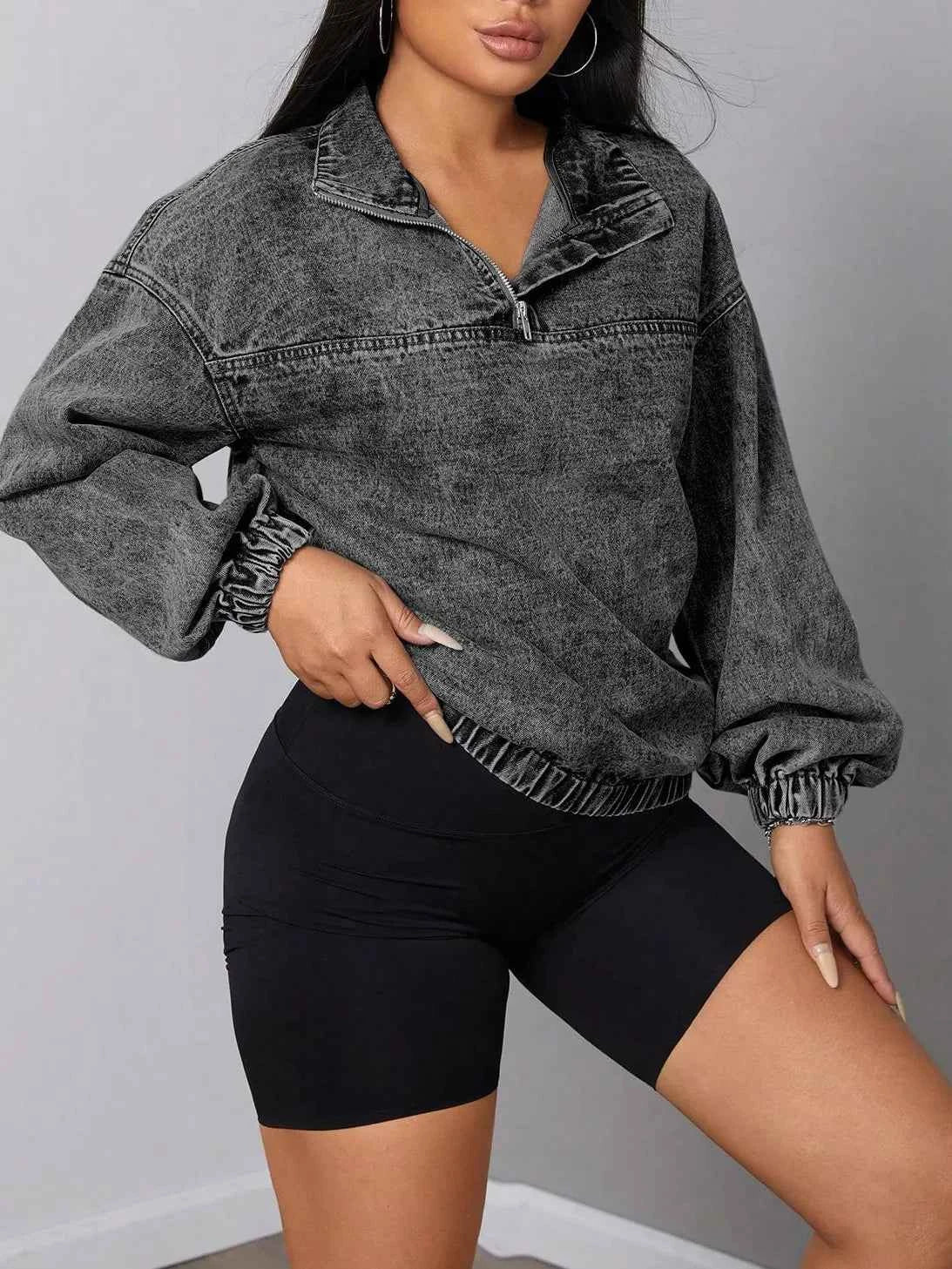 Elastic Hem Quarter Zip Denim Top — view 4