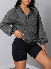 Elastic Hem Quarter Zip Denim Top — view 4