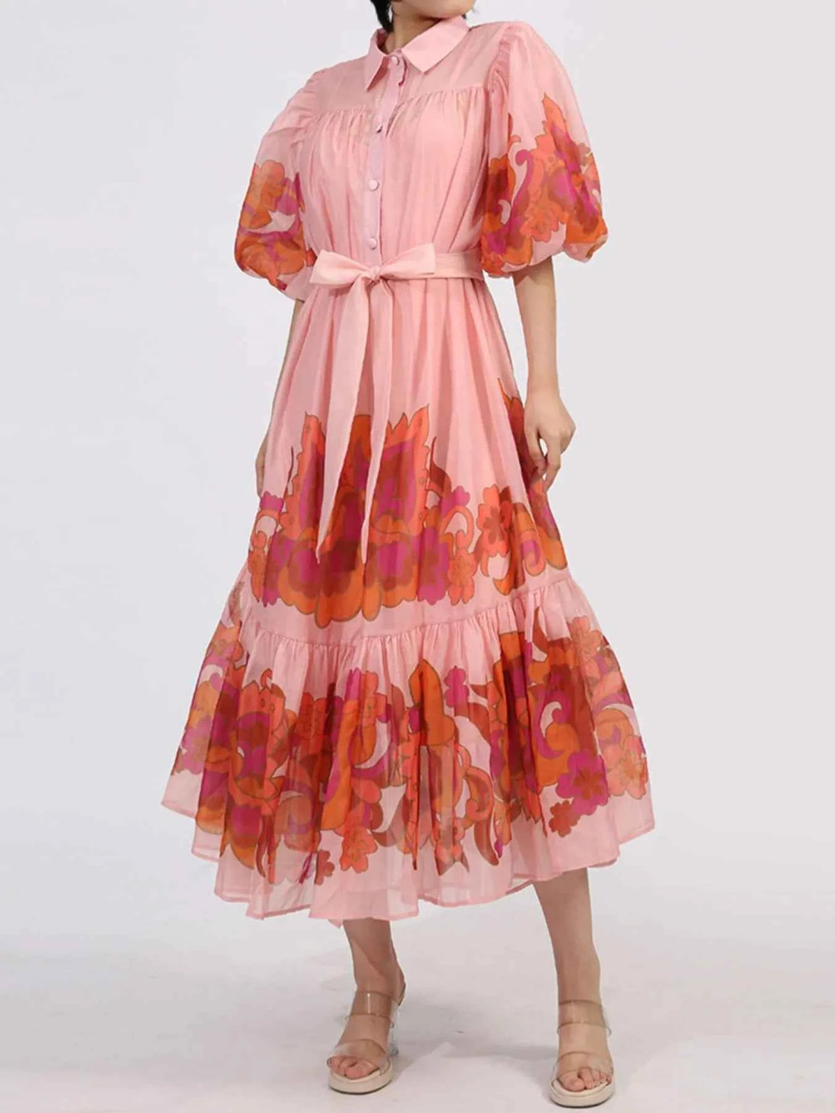 Button Front Puff Sleeve Dress