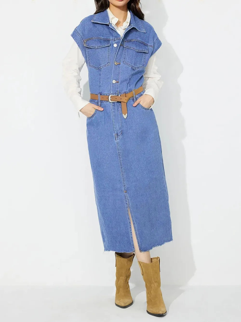 Slit Half Button Collared Neck Cap Sleeve Denim Dress — view 9