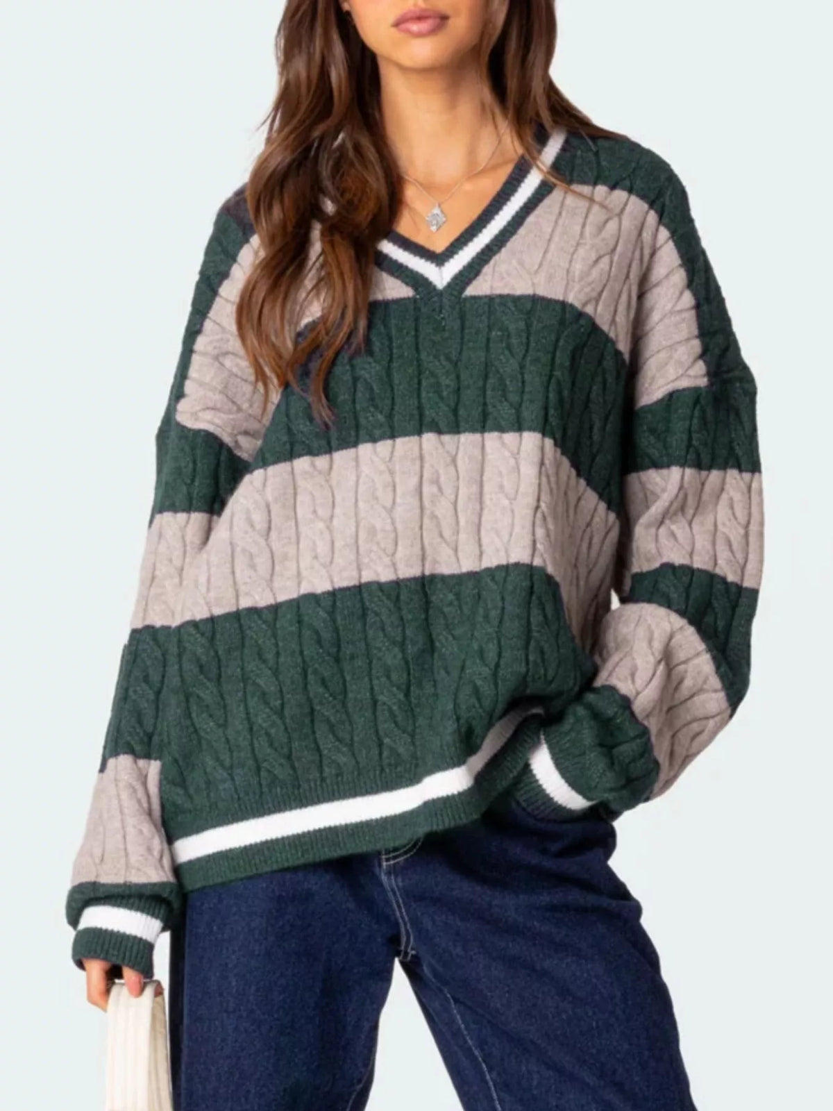 Striped Cable Knit V-Neck Sweater — view 12