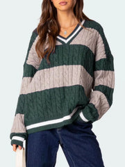 Striped Cable Knit V-Neck Sweater — view 12