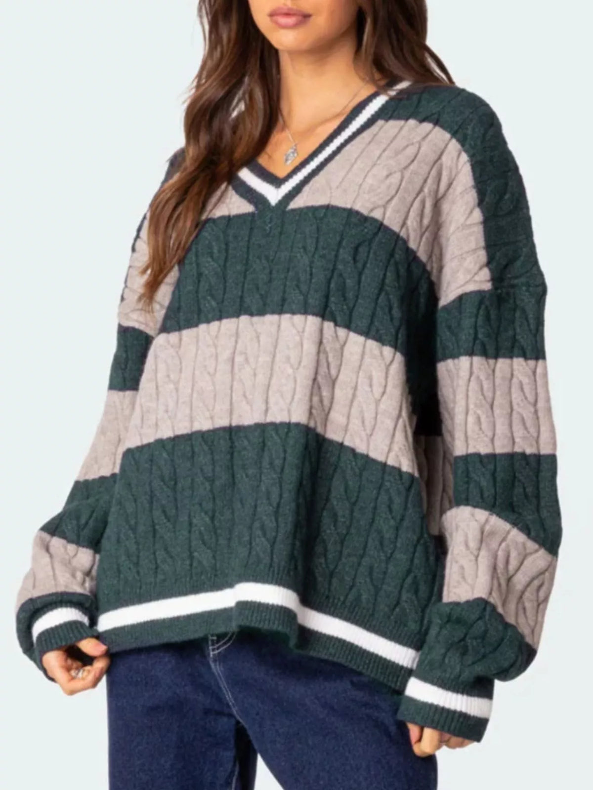 Striped Cable Knit V-Neck Sweater — view 14