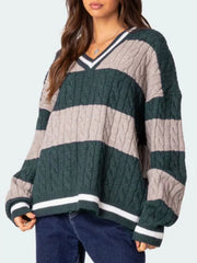 Striped Cable Knit V-Neck Sweater — view 14
