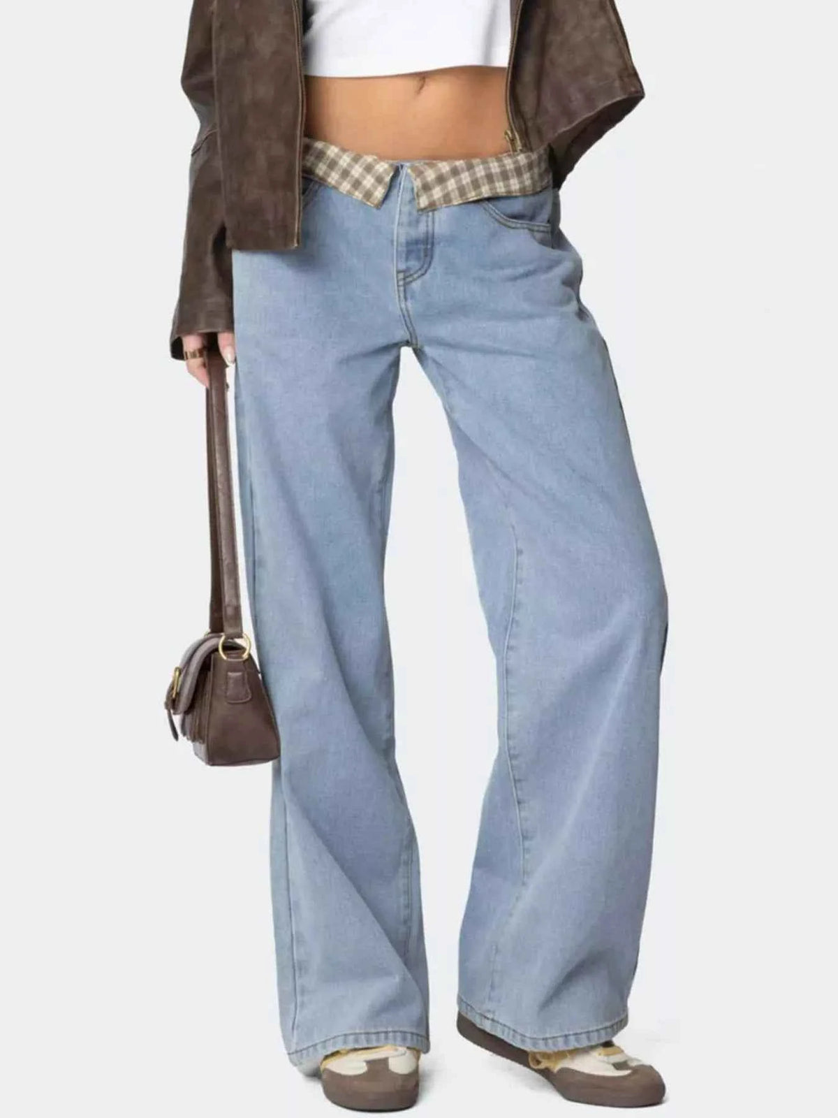 Plaid Trim Wide Leg Jeans — view 1