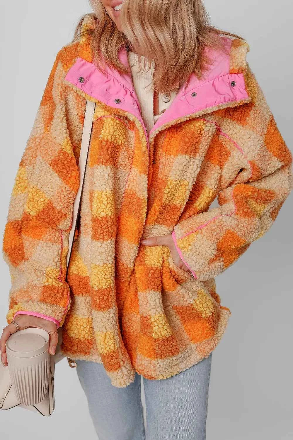 Checkered Long Sleeve Sherpa Hooded Jacket - Cozy & Stylish — view 3