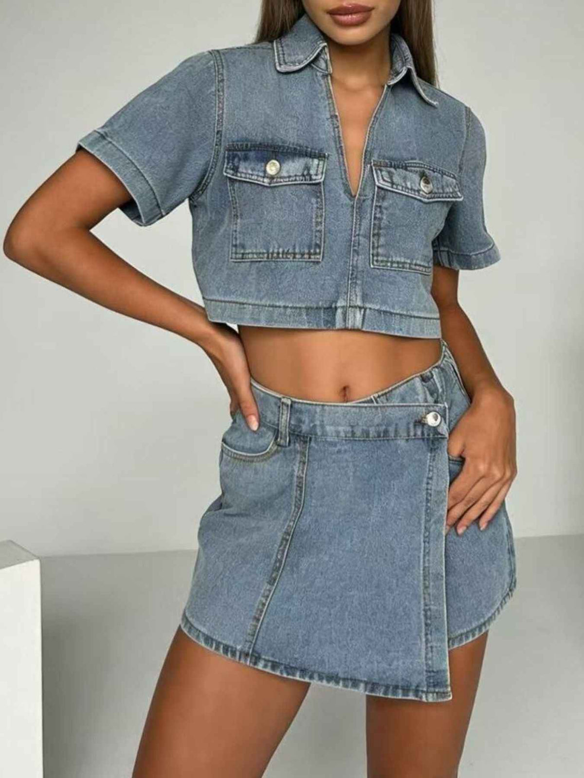 Short Sleeve Cropped Top and Skort Denim Set – Effortless Style — view 1