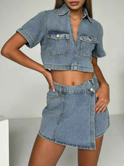 Short Sleeve Cropped Top and Skort Denim Set – Effortless Style — view 1