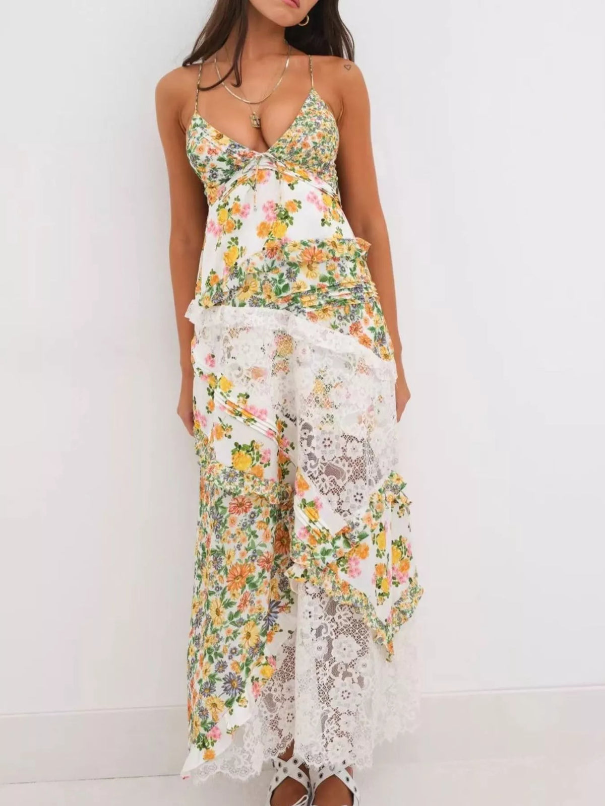 Lace Floral Print Ruffle Trim Maxi Dress — view 15