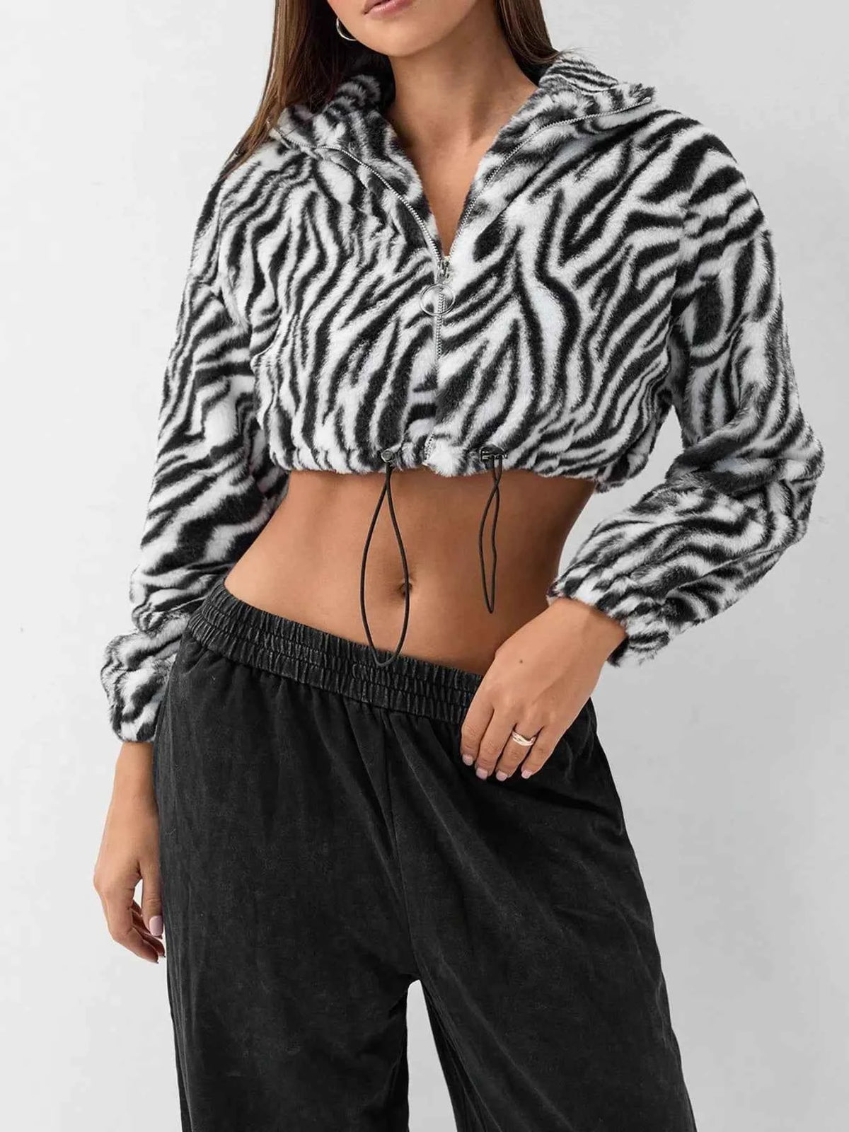 Zebra Print Plush Cropped Jacket for Effortless Style