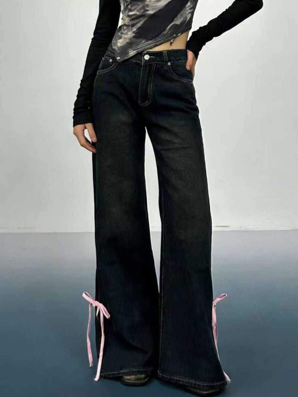 Ribbon Detail Flare Jeans - Stylish Elegance with Comfort — alternate view